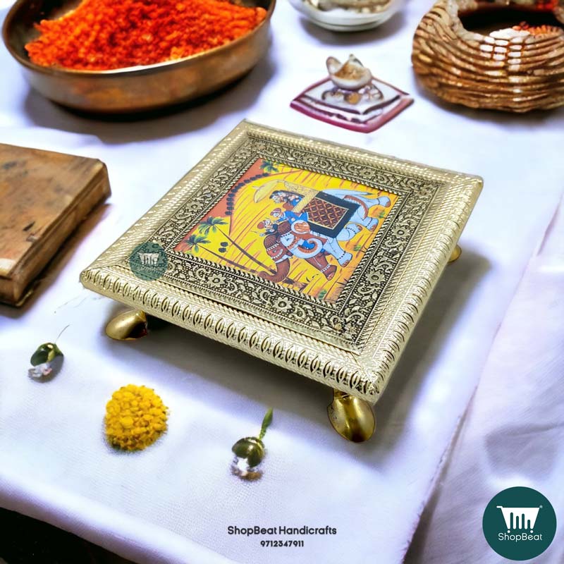 ShopBeat German Oxidised Elephant Poster Wooden Pooja Chowki 6x6 inch