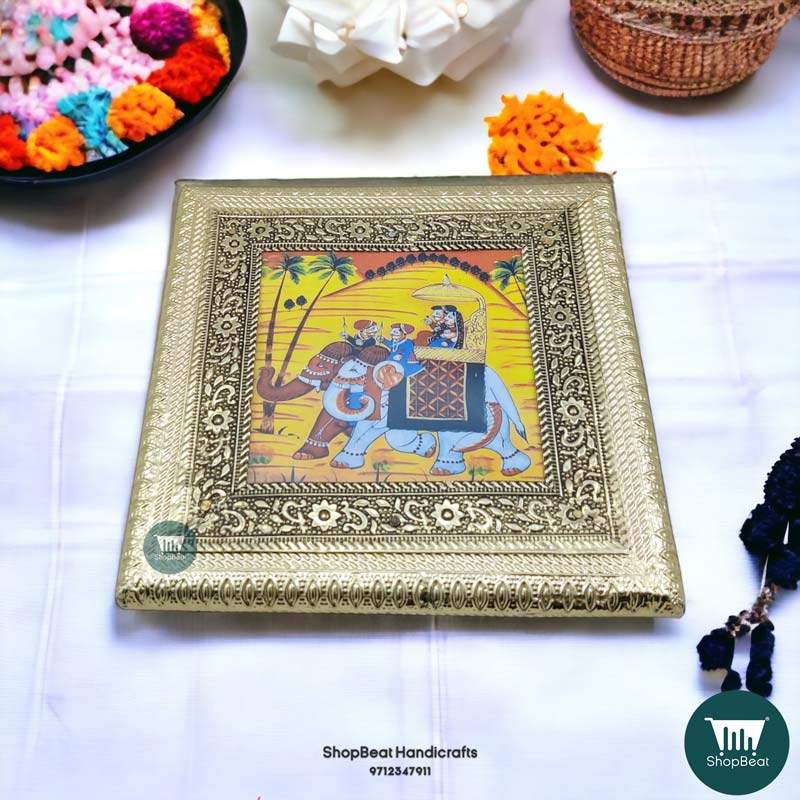 ShopBeat German Oxidised Elephant Poster Wooden Pooja Chowki 6x6 inch