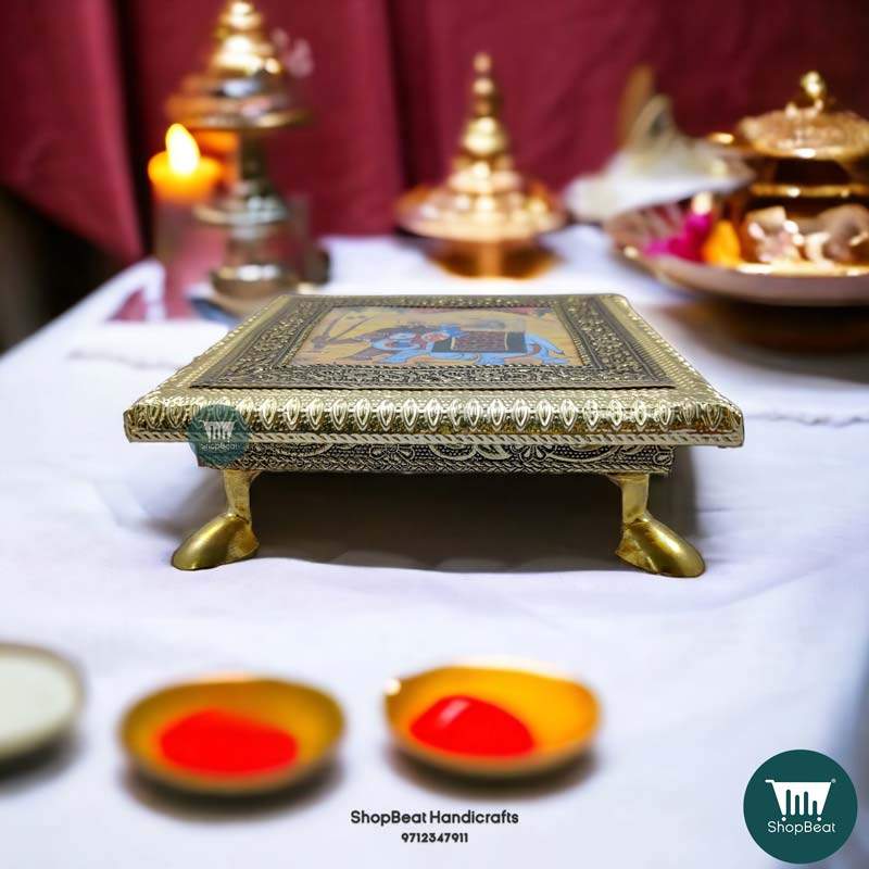 ShopBeat German Oxidised Elephant Poster Wooden Pooja Chowki 6x6 inch