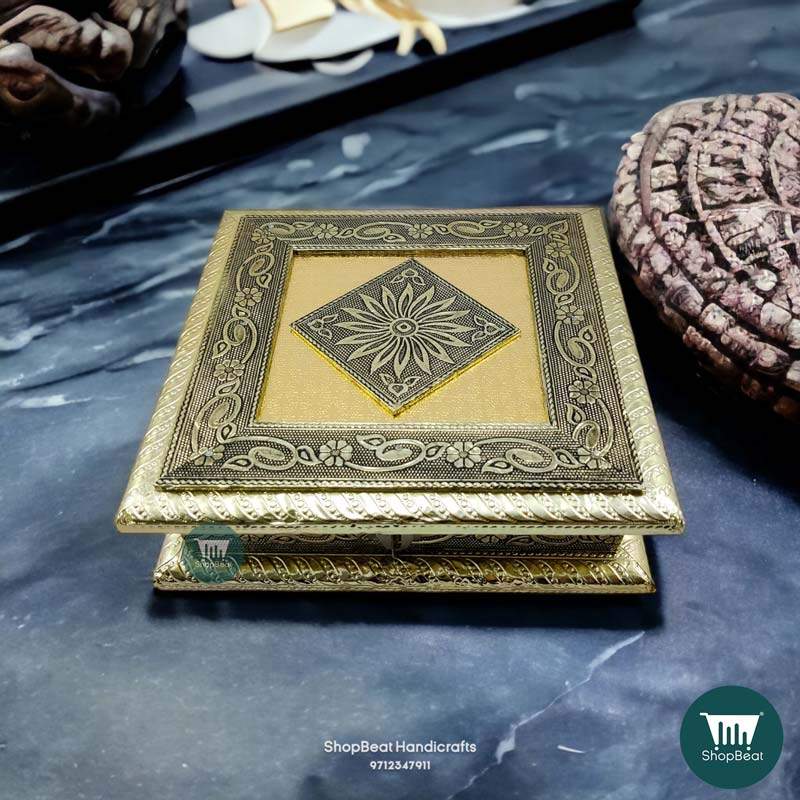 ShopBeat German Oxidised Single Flower Wooden Dry fruit Box 8x8 inch