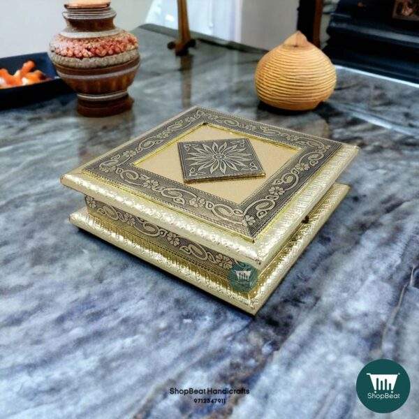 ShopBeat German Oxidised Single Flower Wooden Dry fruit Box 8x8 inch