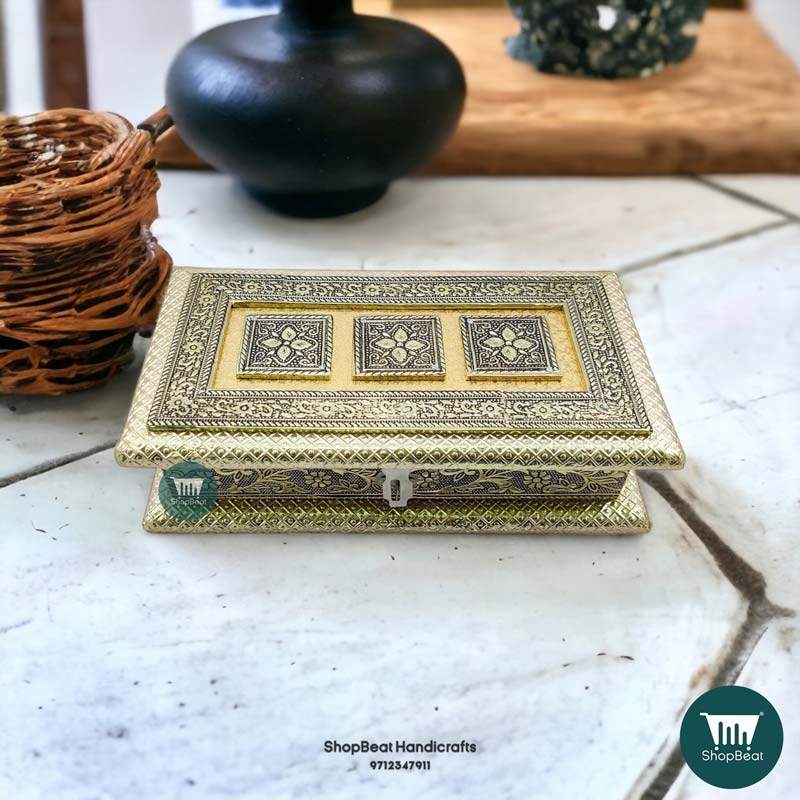 ShopBeat German Oxidised Trio Flower Wooden Dry fruit Box 9x5 inch