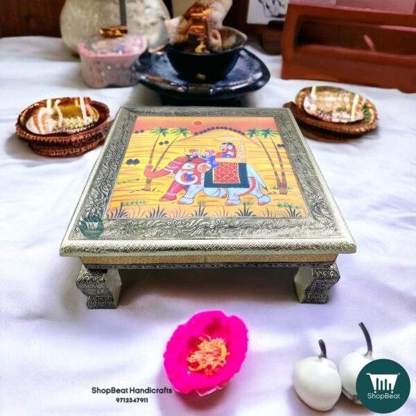 ShopBeat German(Silver) Oxidised White Elephant Poster Wooden Pooja Chowki 15x15 inch