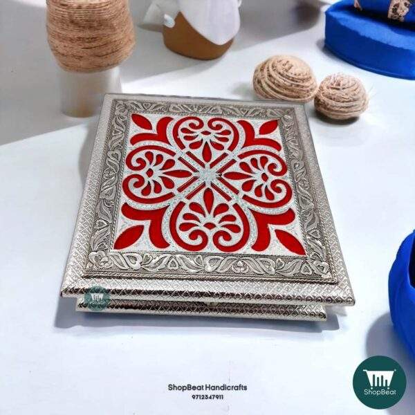 ShopBeat German(Silver) Red velvet Oxidised Dry fruit Box 8x8 inch
