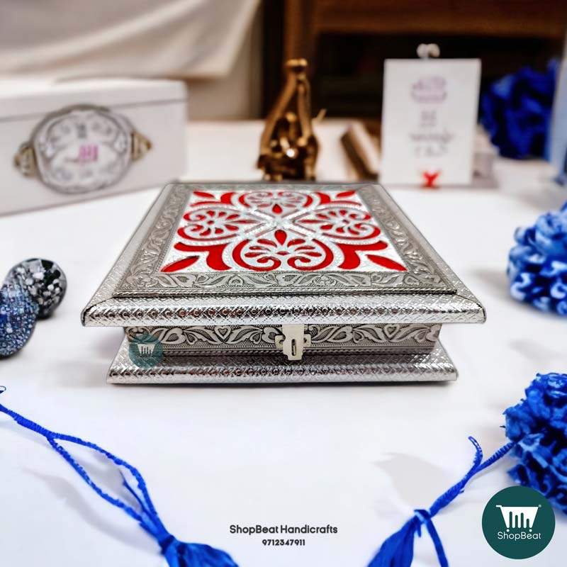 ShopBeat German(Silver) Red velvet Oxidised Dry fruit Box 8x8 inch