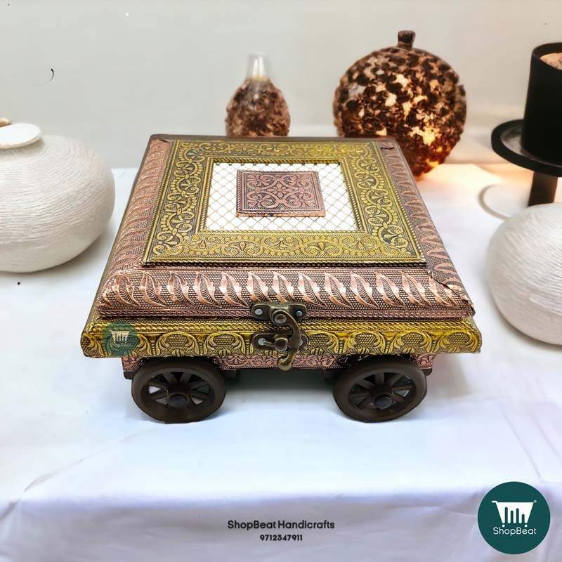 ShopBeat Golden Copper Oxidised 4 Wheel Cart Wooden Dry fruit Box 8x8 inch