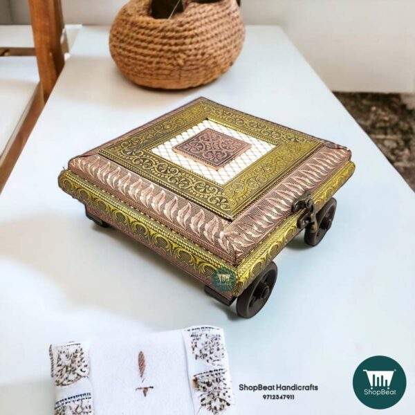 ShopBeat Golden Copper Oxidised 4 Wheel Cart Wooden Dry fruit Box 8x8 inch