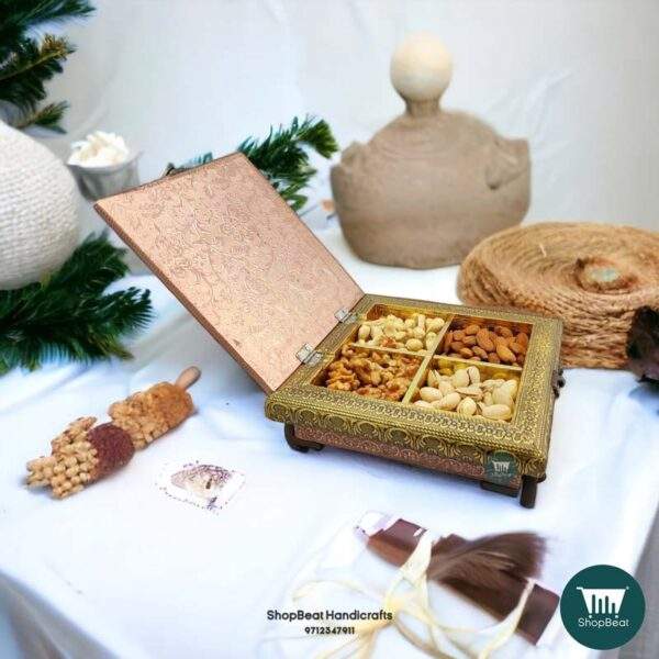 ShopBeat Golden Copper Oxidised 4 Wheel Cart Wooden Dry fruit Box 8x8 inch