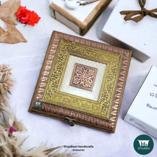 ShopBeat Golden Copper Oxidised 4 Wheel Cart Wooden Dry fruit Box 8x8 inch