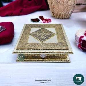 ShopBeat Golden German Oxidised Antique Single Flower Wooden Dry fruit Box 8x8 inch