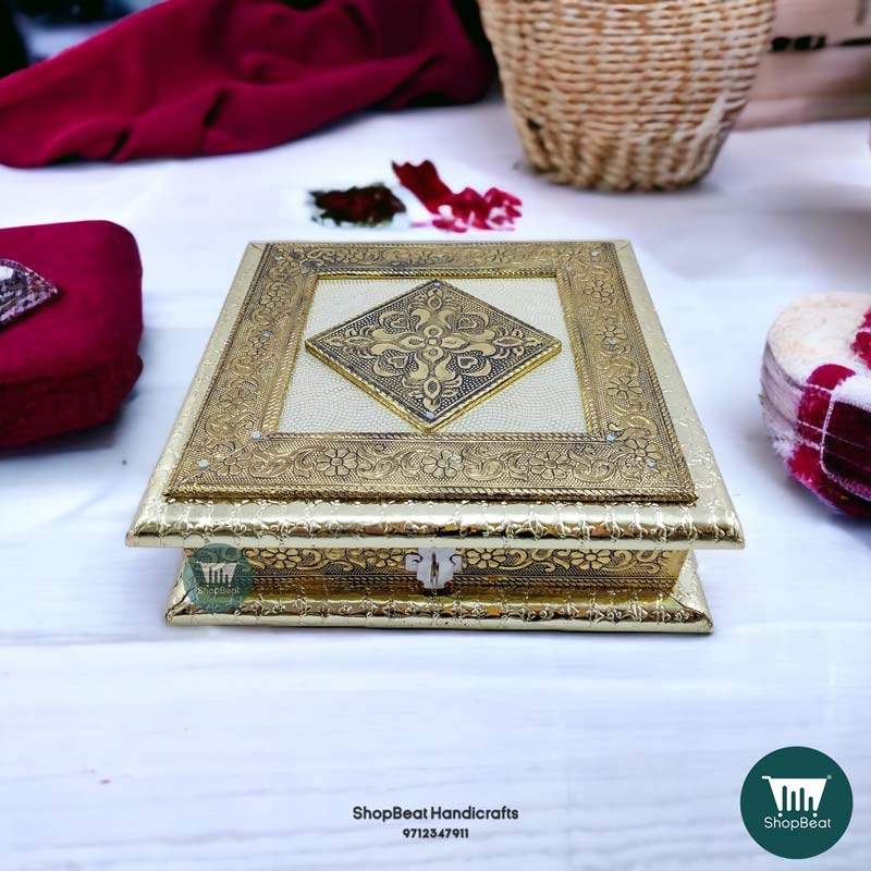 ShopBeat Golden German Oxidised Antique Single Flower Wooden Dry fruit Box 8x8 inch