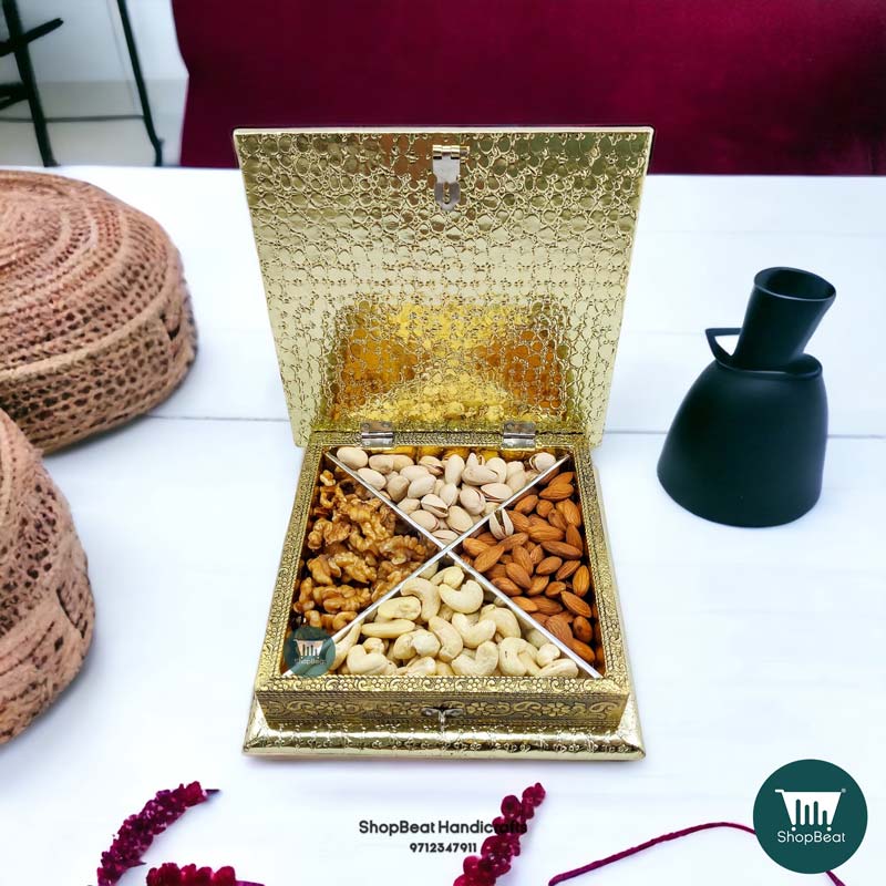 ShopBeat Golden German Oxidised Antique Single Flower Wooden Dry fruit Box 8x8 inch