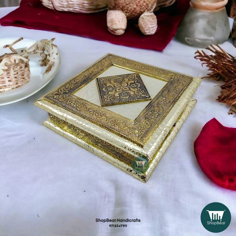 ShopBeat Golden German Oxidised Antique Single Flower Wooden Dry fruit Box 8x8 inch