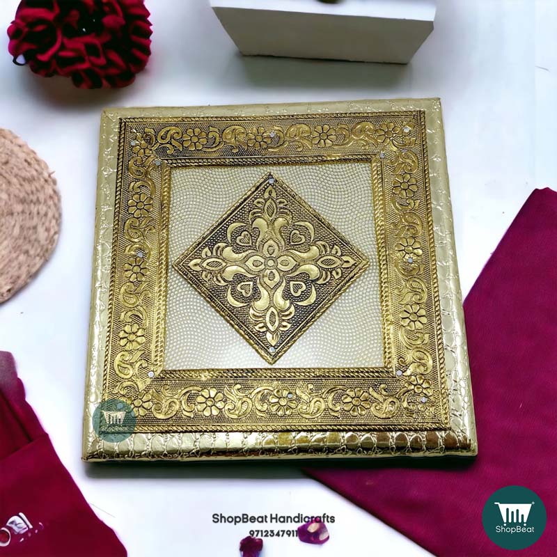 ShopBeat Golden German Oxidised Antique Single Flower Wooden Dry fruit Box 8x8 inch