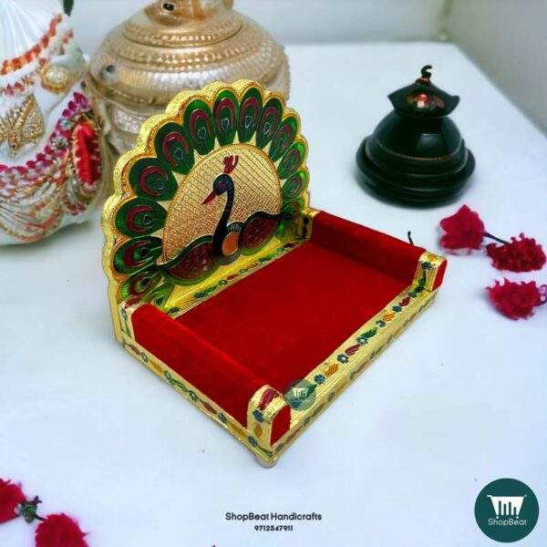 ShopBeat Golden Meenakari Peacock Design-2 Laddu Gopal Wooden Singhasan 5 No. 10x7 inch