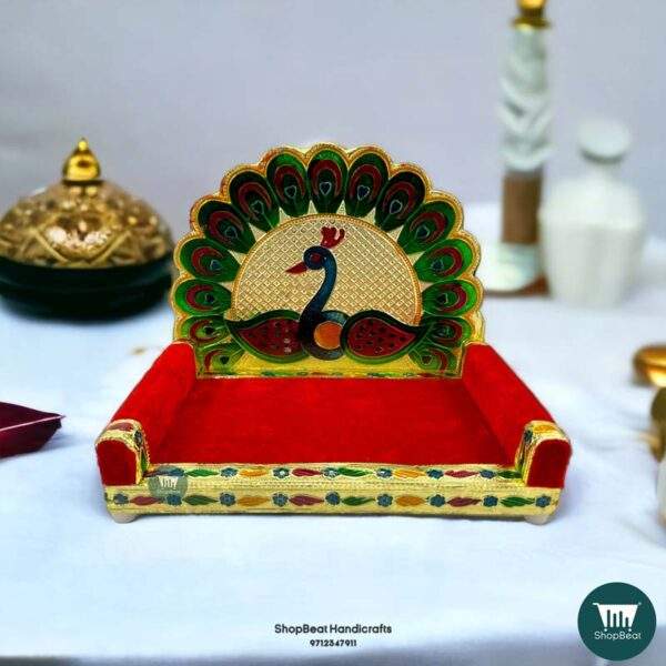 ShopBeat Golden Meenakari Peacock Design-2 Laddu Gopal Wooden Singhasan 5 No. 10x7 inch