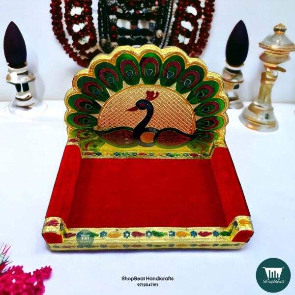 ShopBeat Golden Meenakari Peacock Design-2 Laddu Gopal Wooden Singhasan 5 No. 10x7 inch