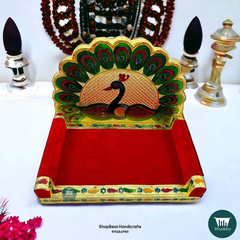 ShopBeat Golden Meenakari Peacock Design-2 Laddu Gopal Wooden Singhasan 5 No. 10x7 inch