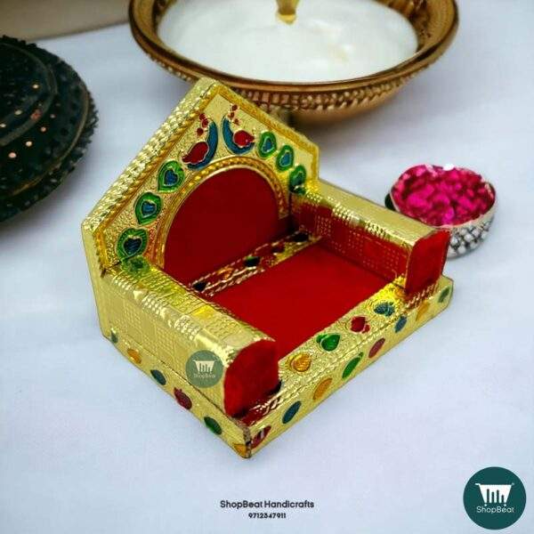 ShopBeat Golden Meenakari Peacock Design Laddu Gopal Wooden Singhasan 1 No. 3.5x2.5 inch