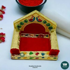 ShopBeat Golden Meenakari Peacock Design Laddu Gopal Wooden Singhasan 1 No. 3.5x2.5 inch