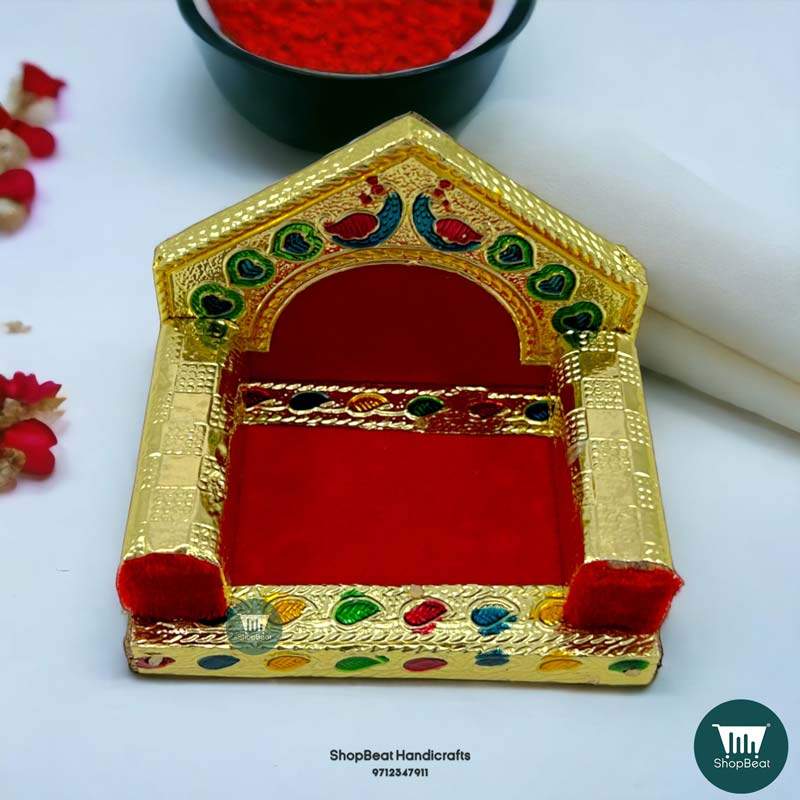 ShopBeat Golden Meenakari Peacock Design Laddu Gopal Wooden Singhasan 1 No. 3.5x2.5 inch