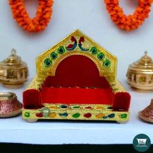 ShopBeat Golden Meenakari Peacock Design Laddu Gopal Wooden Singhasan 2 No. 4x3 inch