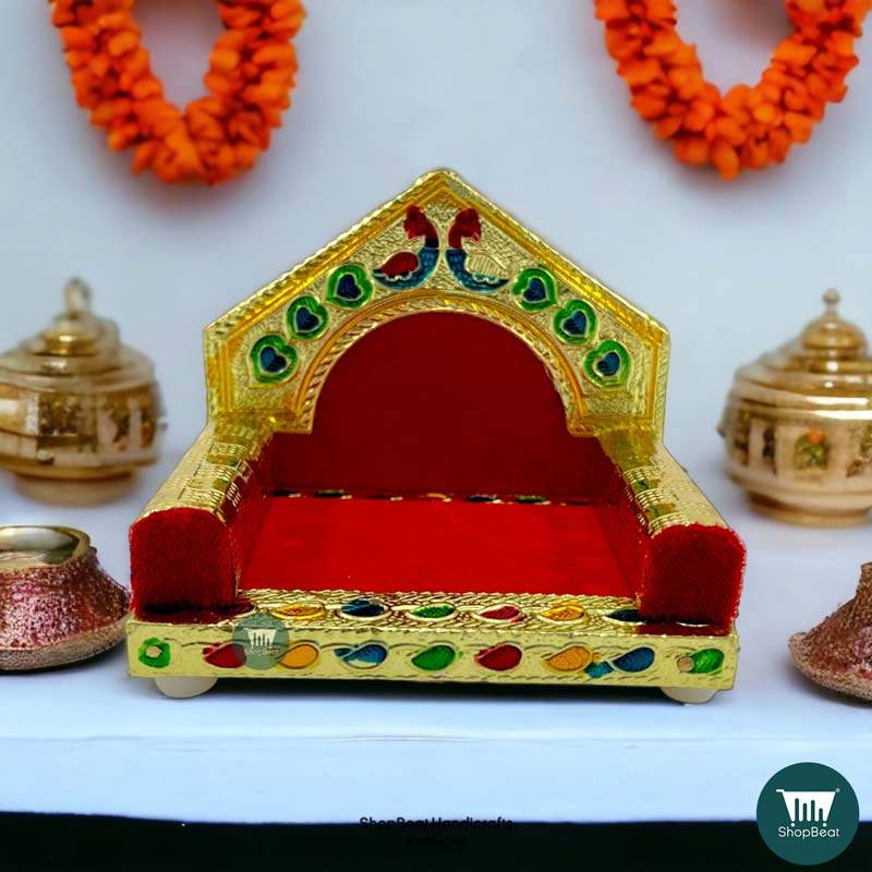 ShopBeat Golden Meenakari Peacock Design Laddu Gopal Wooden Singhasan 2 No. 4x3 inch