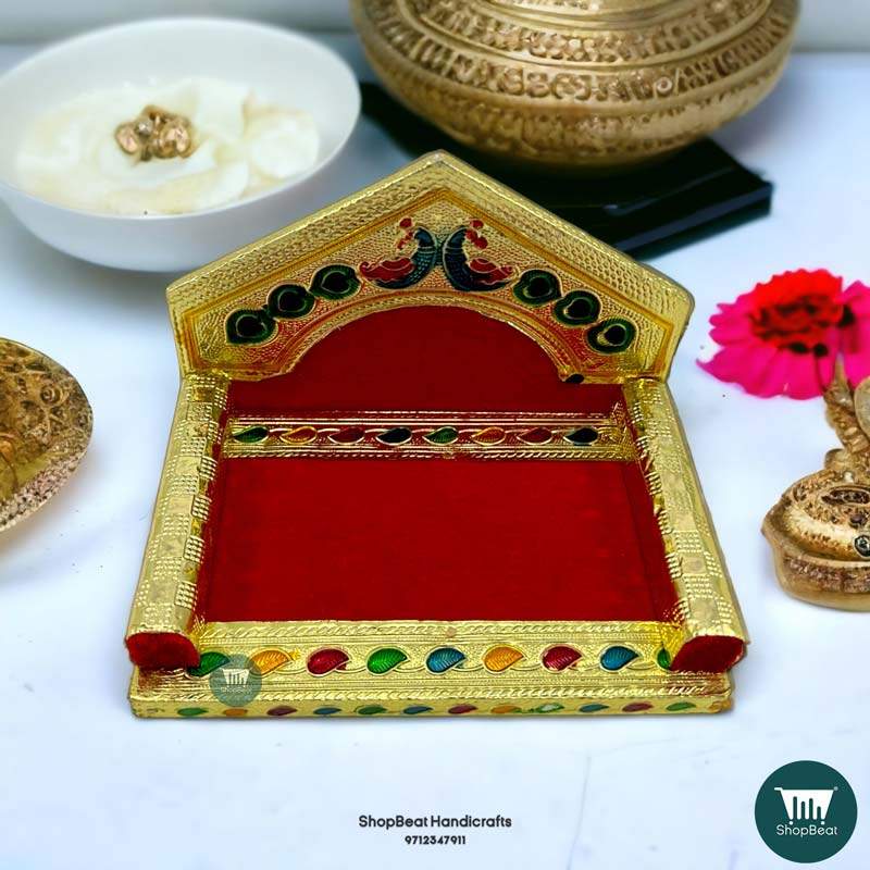 ShopBeat Golden Meenakari Peacock Design Laddu Gopal Wooden Singhasan 4 No. 6x4 inch