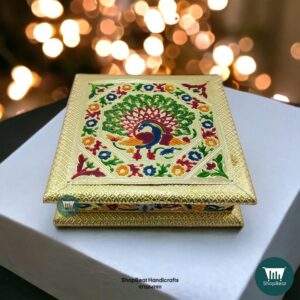 ShopBeat Golden Meenakari Peacock(left) Wooden Dry Fruit Box 8x8 inch
