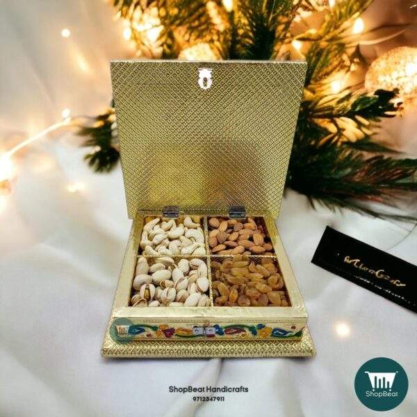 ShopBeat Golden Meenakari Peacock(left) Wooden Dry Fruit Box 8x8 inch