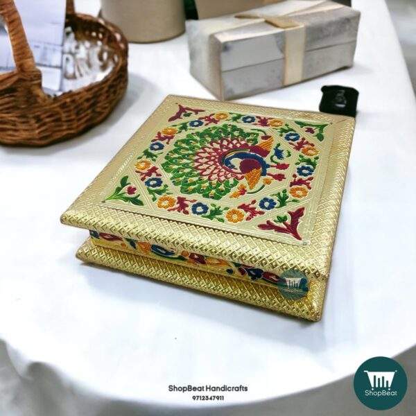 ShopBeat Golden Meenakari Peacock(left) Wooden Dry Fruit Box 8x8 inch