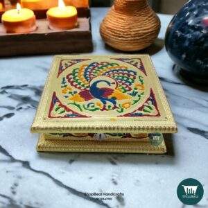 ShopBeat Golden Meenakari Peacock(right) Wooden Dry Fruit Box 8x8 inch