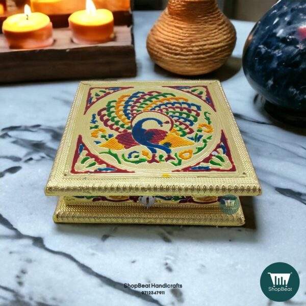 ShopBeat Golden Meenakari Peacock(right) Wooden Dry Fruit Box 8x8 inch