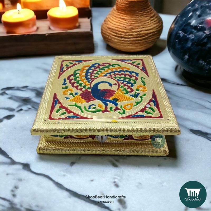ShopBeat Golden Meenakari Peacock(right) Wooden Dry Fruit Box 8x8 inch