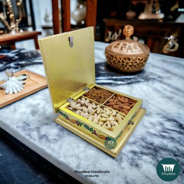 ShopBeat Golden Meenakari Peacock(right) Wooden Dry Fruit Box 8x8 inch
