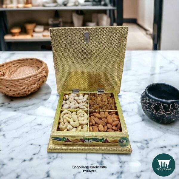 ShopBeat Golden Meenakari Peacock(right) Wooden Dry Fruit Box 8x8 inch