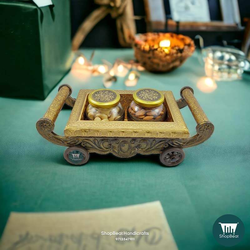 ShopBeat Golden Oxidised 4 Wheel Cart with 2 Glass Jar Wooden Dry fruit Box 13x6 inch