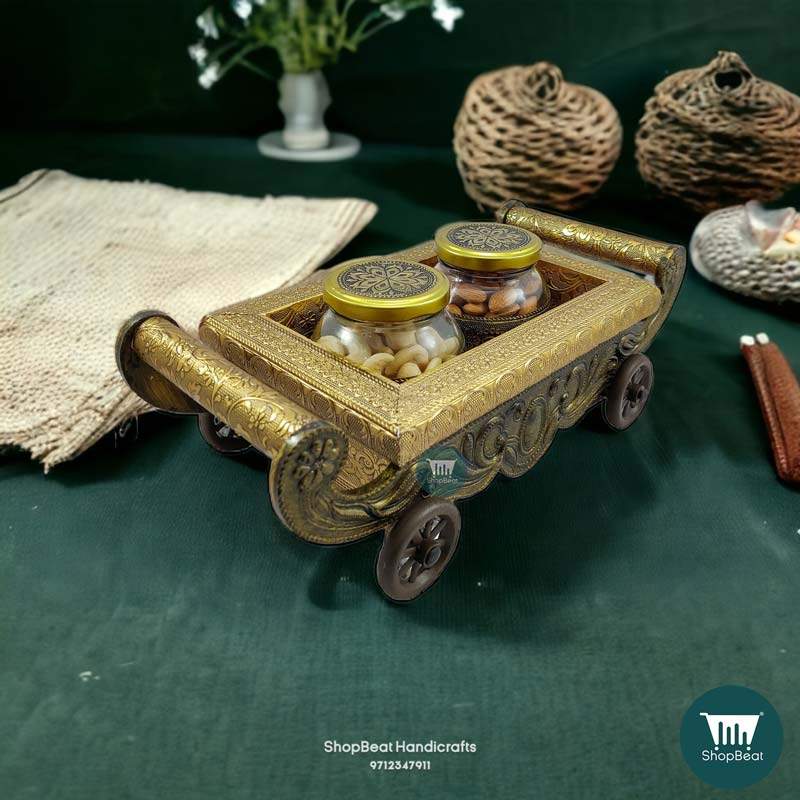 ShopBeat Golden Oxidised 4 Wheel Cart with 2 Glass Jar Wooden Dry fruit Box 13x6 inch