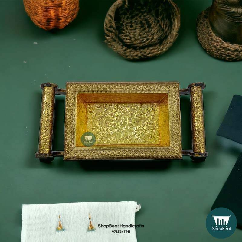 ShopBeat Golden Oxidised 4 Wheel Cart with 2 Glass Jar Wooden Dry fruit Box 13x6 inch