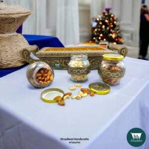 ShopBeat Golden Oxidised 4 Wheel Cart with 3 Glass Jar Wooden Dry fruit Box 17x6 inch