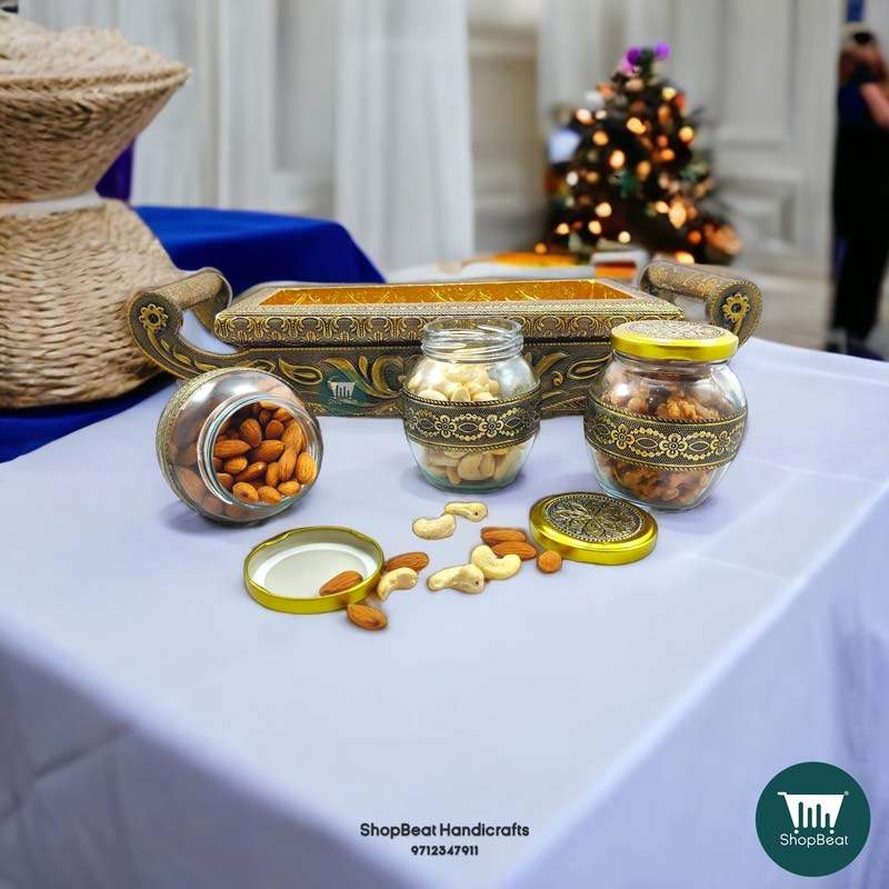ShopBeat Golden Oxidised 4 Wheel Cart with 3 Glass Jar Wooden Dry fruit Box 17x6 inch
