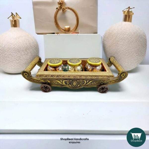 ShopBeat Golden Oxidised 4 Wheel Cart with 3 Glass Jar Wooden Dry fruit Box 17x6 inch