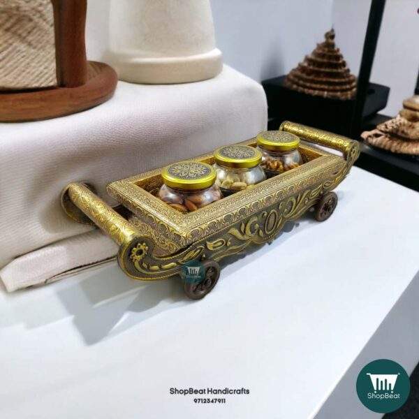 ShopBeat Golden Oxidised 4 Wheel Cart with 3 Glass Jar Wooden Dry fruit Box 17x6 inch
