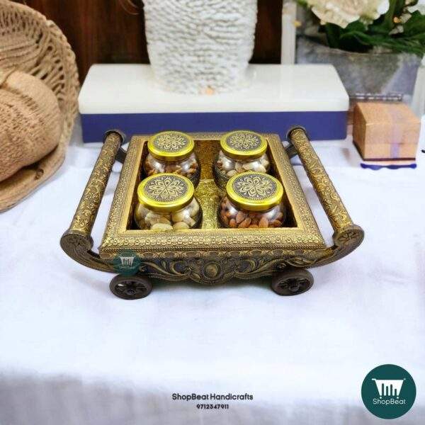 ShopBeat Golden Oxidised 4 Wheel Cart with 4 Glass Jar Wooden Dry fruit Box 12x10 inch