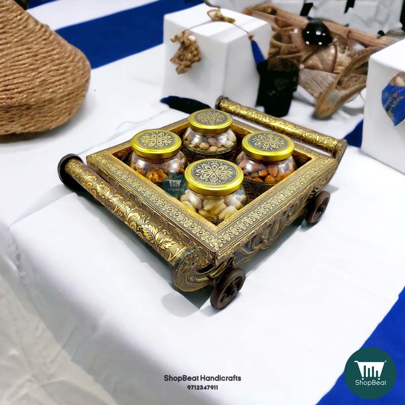ShopBeat Golden Oxidised 4 Wheel Cart with 4 Glass Jar Wooden Dry fruit Box 12x10 inch