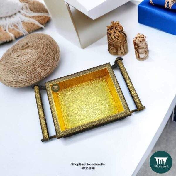 ShopBeat Golden Oxidised 4 Wheel Cart with 4 Glass Jar Wooden Dry fruit Box 12x10 inch