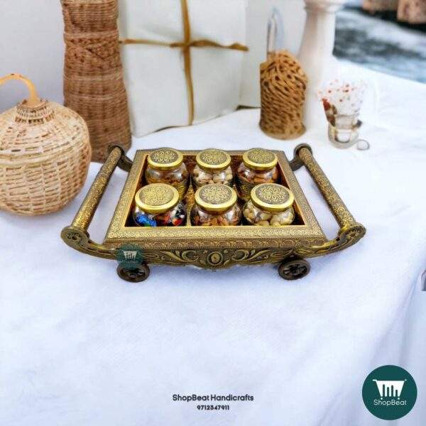 ShopBeat Golden Oxidised 4 Wheel Cart with 6 Glass Jar Wooden Dry fruit Box 17x10 incH