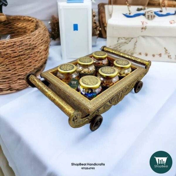 ShopBeat Golden Oxidised 4 Wheel Cart with 6 Glass Jar Wooden Dry fruit Box 17x10 incH