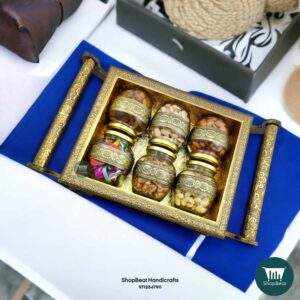 ShopBeat Golden Oxidised 4 Wheel Cart with 6 Glass Jar Wooden Dry fruit Box 17x10 incH