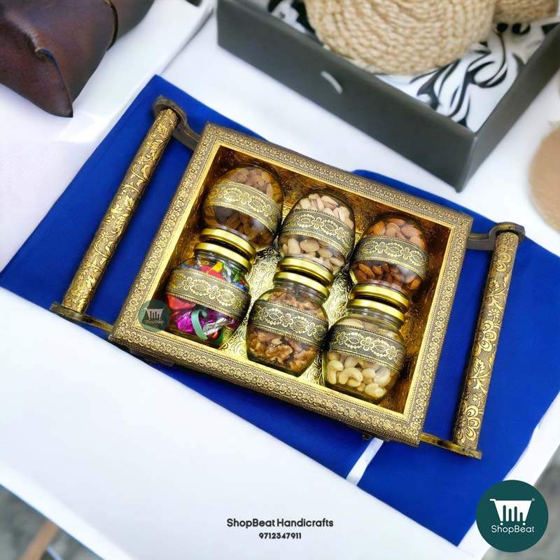ShopBeat Golden Oxidised 4 Wheel Cart with 6 Glass Jar Wooden Dry fruit Box 17x10 incH